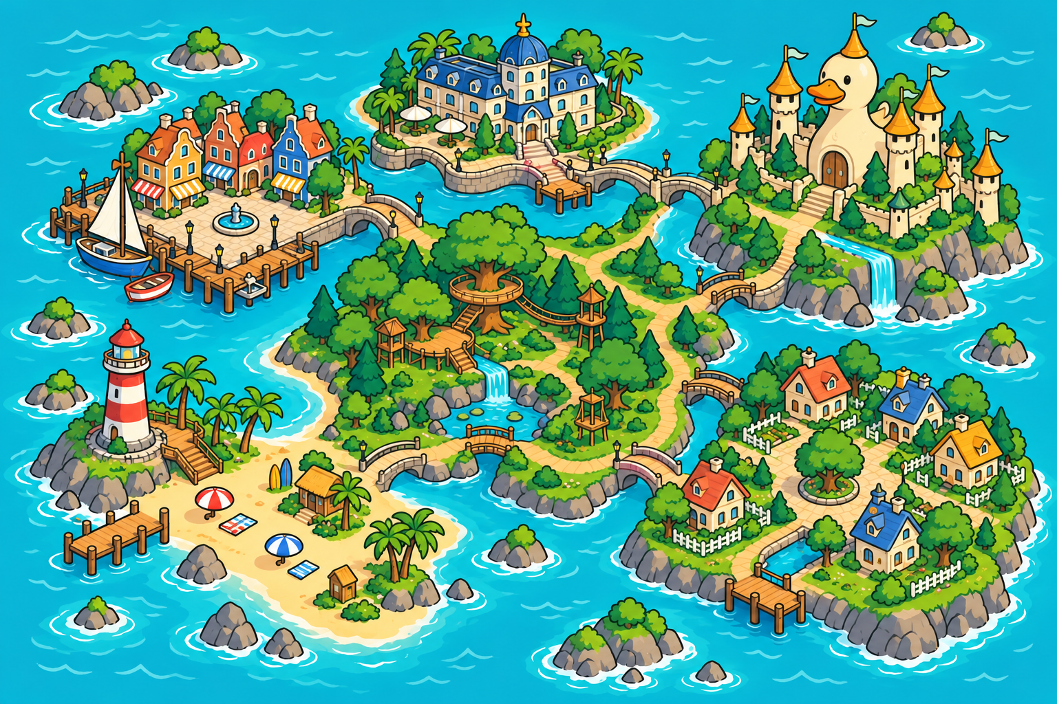 Illustrated QuackWorld world map with a harbour, hotel, forest, beach, castle and neighbourhood