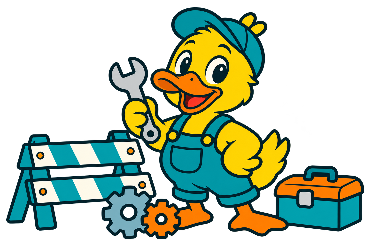 A cheerful Quack World mechanic duck repairing the town
